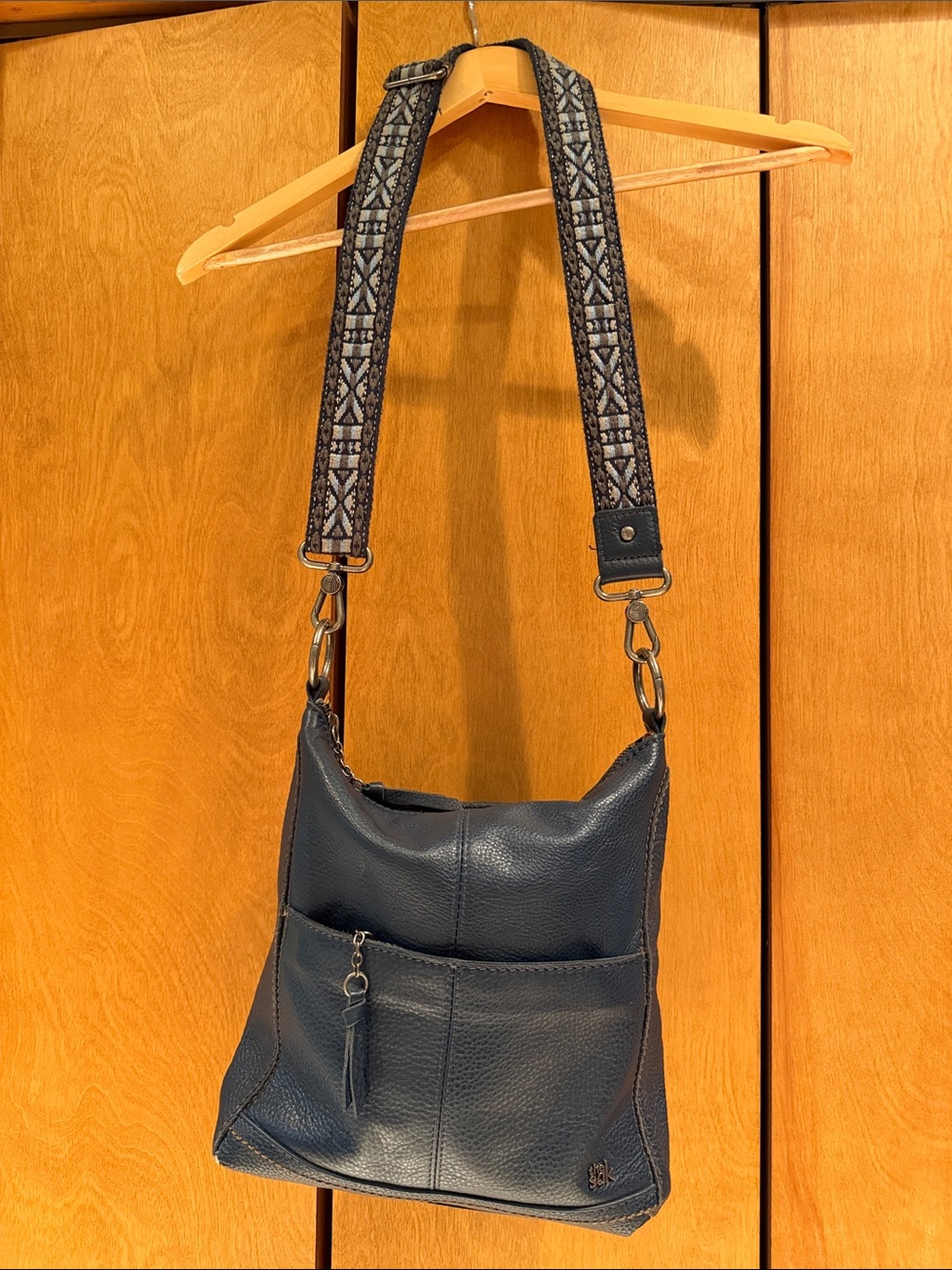 The San Navy Indigo Lucia Leather Crossbody Bag with Patterned Strap